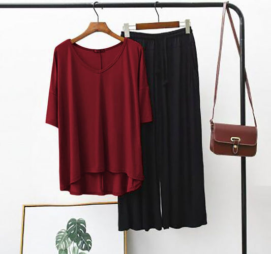 Maroon V Neck Shirt With Palazzo Trouser Plain Night Suit